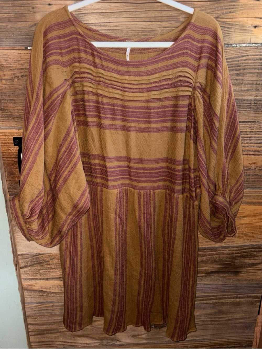 Free People Striped Balloon Sleeve Dress in Mustard and Maroon - Picture 3 of 7